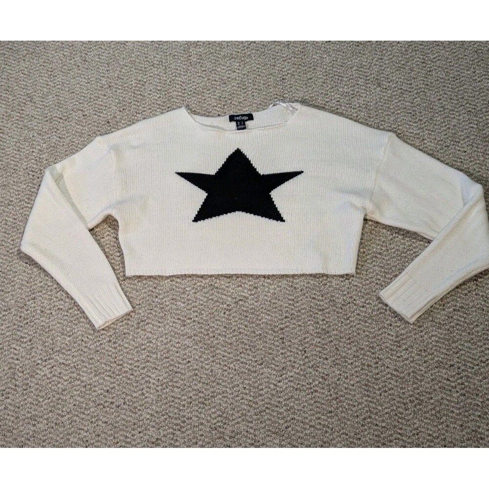 Refuge Cropped Knit Sweater Small Beige Star Y2K Retro Grunge Streetwear